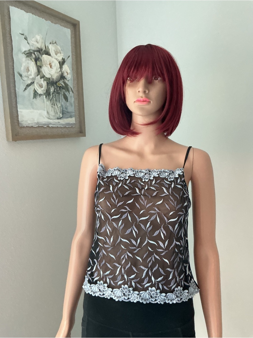 Wonderbra Black Sheer Lace Camisole with White Trim r